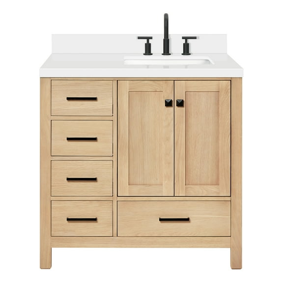 ARIEL CAMBRIDGE 37 Inch Single Rectangular Sink Bathroom Vanity With Pure White Quartz Countertop 1.5 Inch Edge In Oak