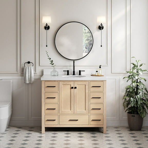 Ariel Cambridge 43 Inch Single Oval Sink Bathroom Vanity With Pure White Quartz Countertop 1.5 Inch Edge In Oak