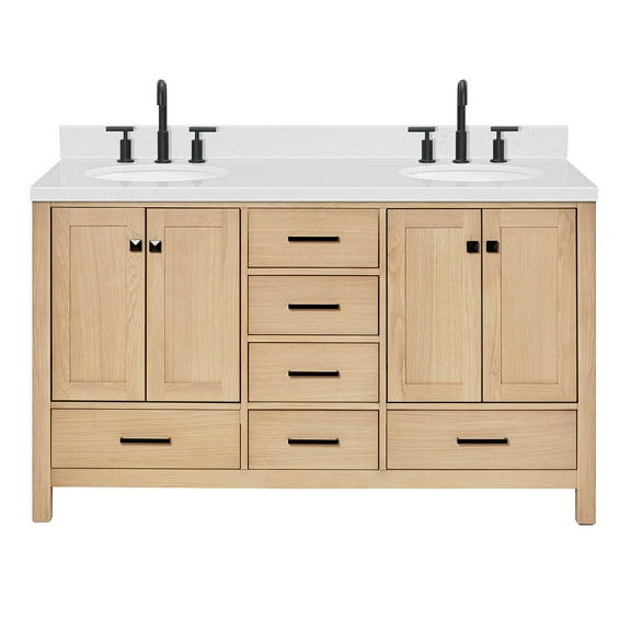 ARIEL CAMBRIDGE 60 Inch Double Oval Sink Bathroom Vanity With Carrara White Quartz Countertop 1.5 Inch Edge In Oak