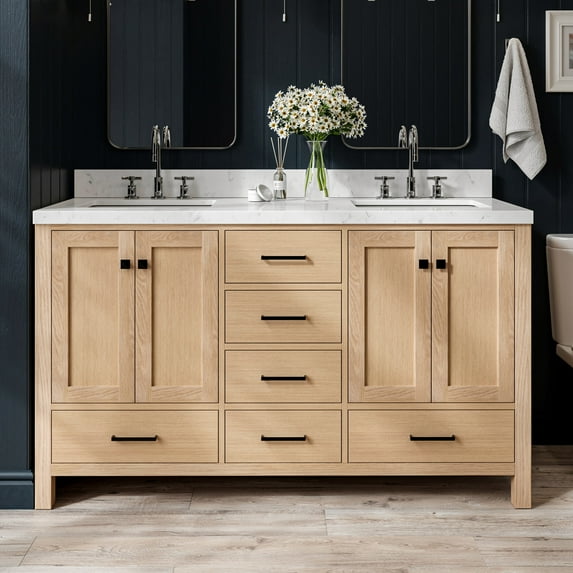 ARIEL 60'' Bathroom Vanity with Sink, American White Oak Solid Wood, Carrara White Quartz Countertop 1.5 inch Edge and backsplash, Soft Closing Door and Drawer, Matte Black