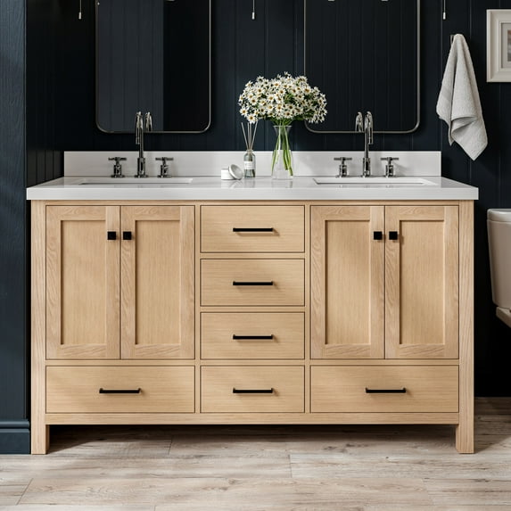 ARIEL 61'' Bathroom Vanity with Sink, American White Oak Solid Wood, Pure White Quartz Countertop 1.5 inch Edge and backsplash, Soft Closing Door and Drawer, Matte Black