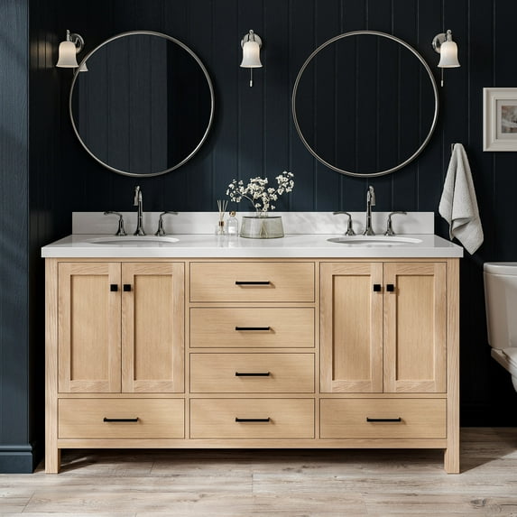 Ariel Cambridge 67 Inch Double Oval Sink Bathroom Vanity With Pure White Quartz Countertop 1.5 Inch Edge In Oak