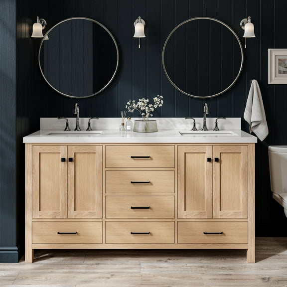 ARIEL Cambridge 67 Inch Oak Double Bathroom Vanity with Sink, Pure White Quartz Countertop 1.5 inch Edge and backsplash, Soft Closing Door and Drawer, Matte Black