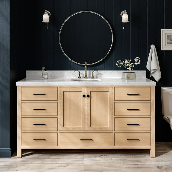 Ariel Cambridge 67 Inch Single Oval Sink Bathroom Vanity With Italian Carrara Marble Countertop 1.5 Inch Edge In Oak