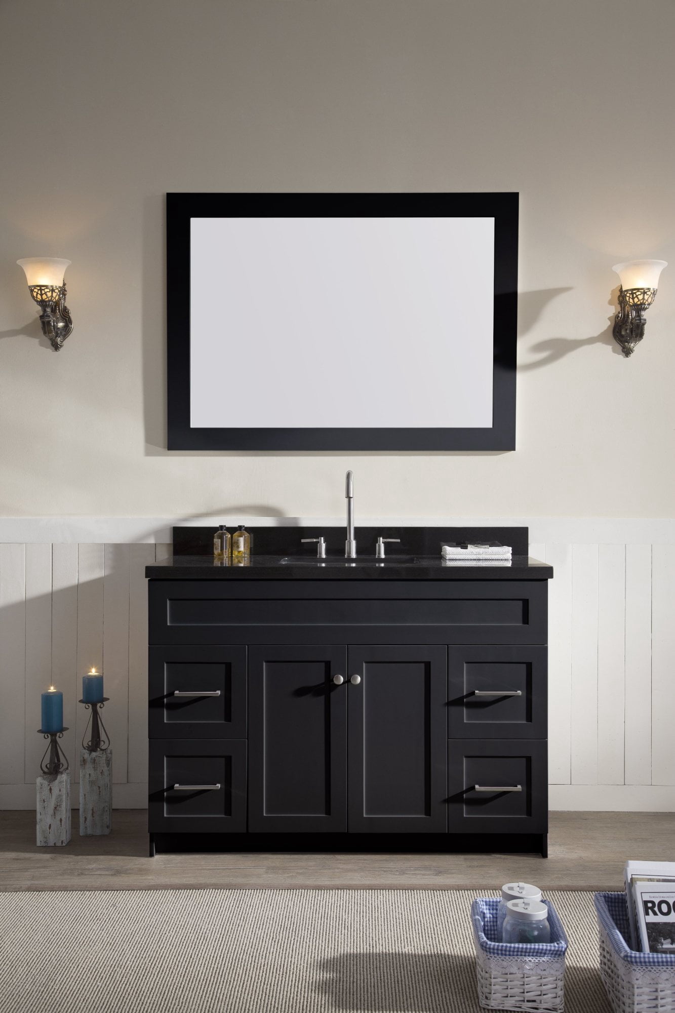 ARIEL Hamlet 49 in. Bath Vanity in Black with Granite Vanity Top in Absolute Black with White Basin and Mirror