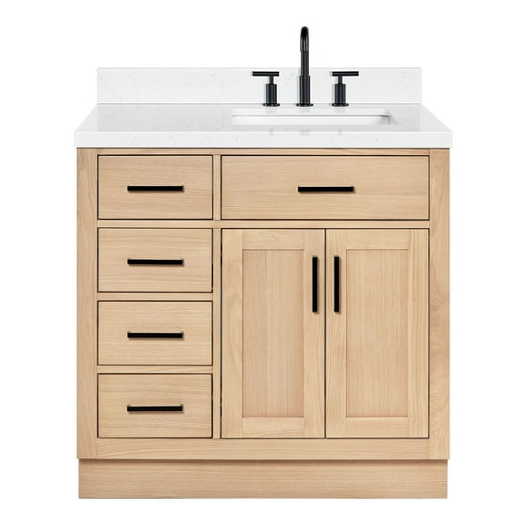 ARIEL Hepburn 36 Inch Single Rectangular Sink Bathroom Vanity With Carrara White Quartz Countertop 1.5 Inch Edge In Oak