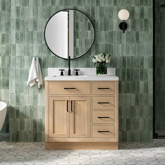 ARIEL Hepburn 36" Inch Bathroom Vanity with Sink, American Oak Solid Wood, Carrara White Quartz Countertop 1.5 inch Edge, Left Rectangular Single Sink, 2 Soft Closing Doors and 5 Drawers