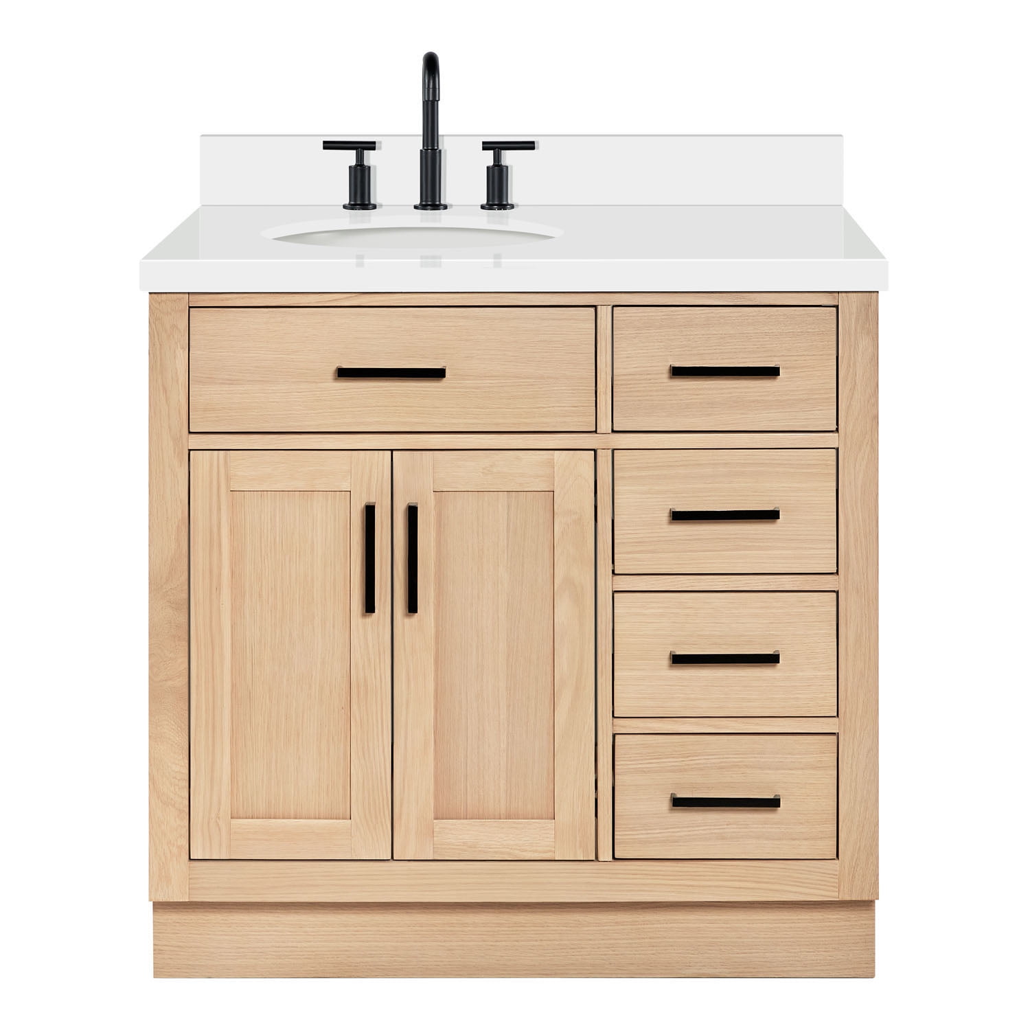 ARIEL Hepburn 37 Inch Single Oval Sink Bathroom Vanity With Pure White Quartz Countertop 1.5 Inch Edge In Oak