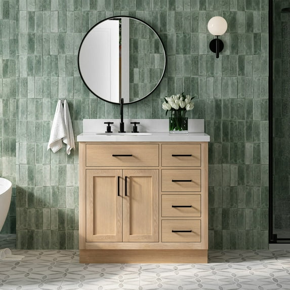 Ariel Hepburn 37 Inch Single Oval Sink Bathroom Vanity With Pure White Quartz Countertop 1.5 Inch Edge In Oak