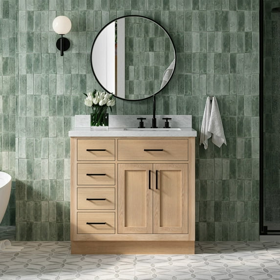 Ariel Hepburn 37 Inch Single Rectangular Sink Bathroom Vanity With Italian Carrara Marble Countertop 1.5 Inch Edge In Oak