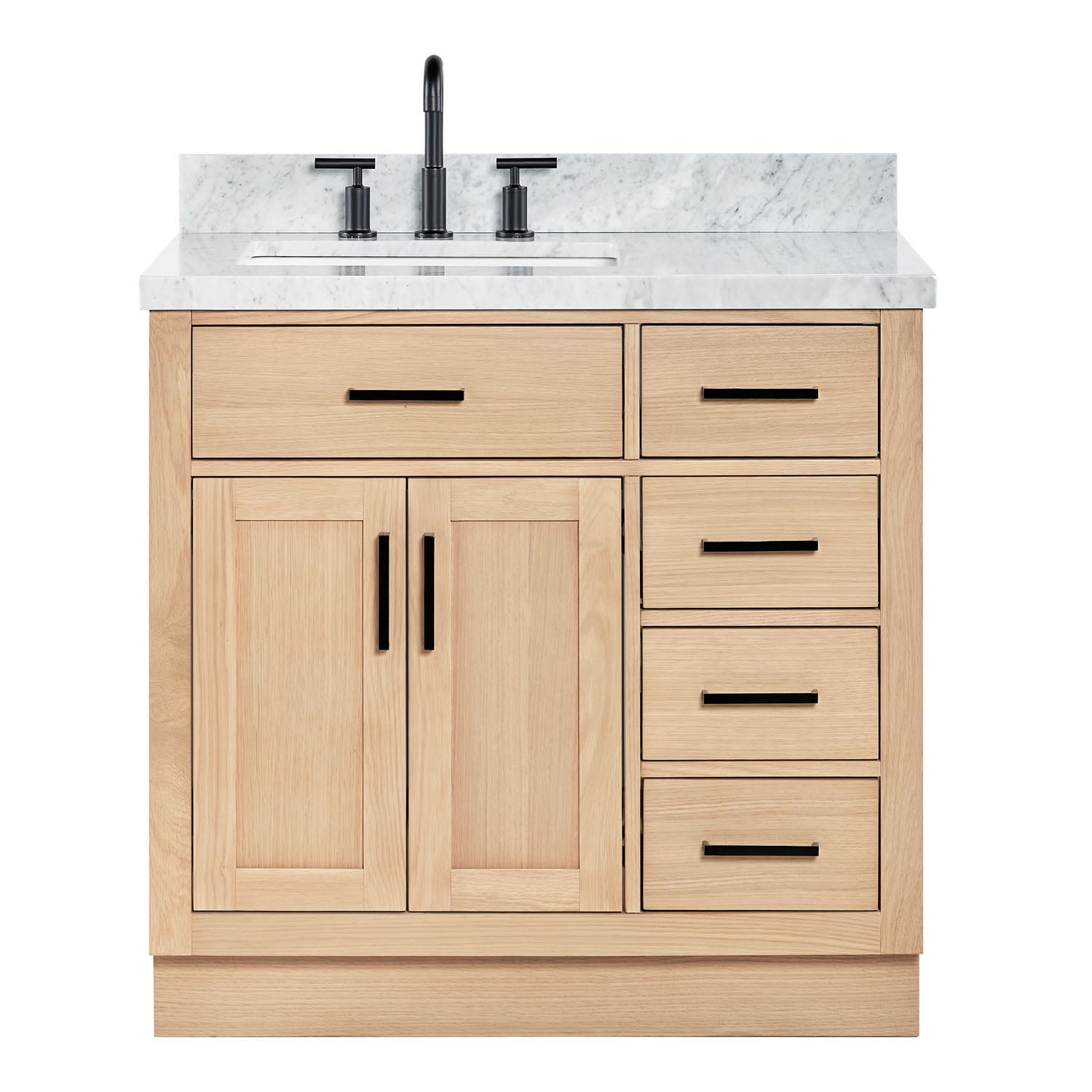 ARIEL Hepburn 37 Inch Single Rectangular Sink Bathroom Vanity With Italian Carrara Marble Countertop 1.5 Inch Edge In Oak