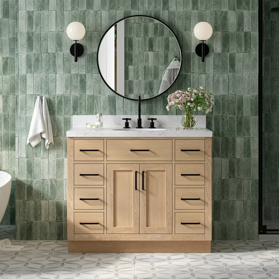 Ariel Hepburn 42 Inch Single Oval Sink Bathroom Vanity With Carrara White Quartz Countertop 1.5 Inch Edge In Oak