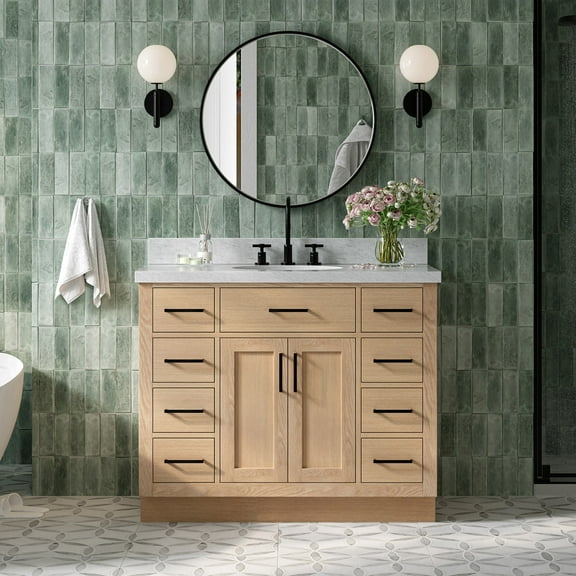 Ariel Hepburn 43 Inch Single Oval Sink Bathroom Vanity With Italian Carrara Marble Countertop 1.5 Inch Edge In Oak