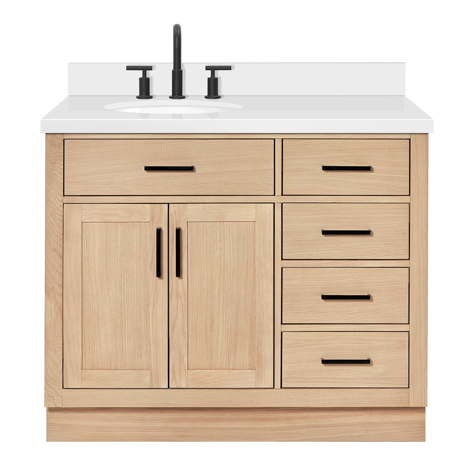 ARIEL Hepburn 43 Inch Single Oval Sink Bathroom Vanity With Pure White Quartz Countertop 1.5 Inch Edge In Oak