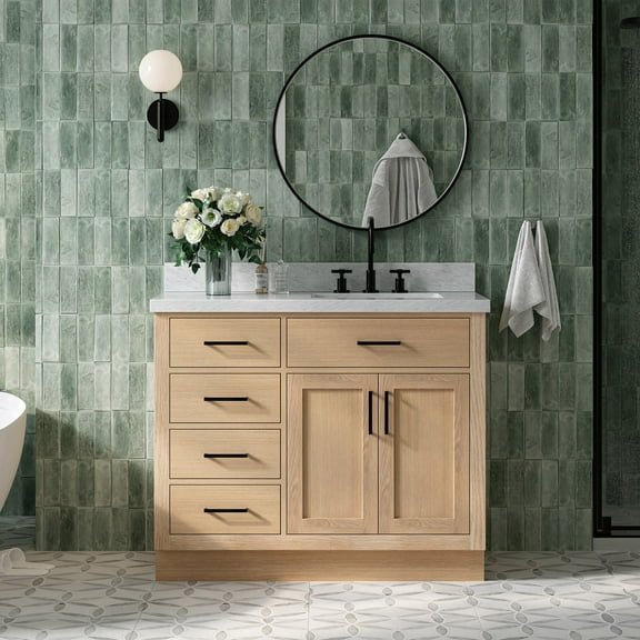 Ariel Hepburn 43 Inch Single Rectangular Sink Bathroom Vanity With Italian Carrara Marble Countertop 1.5 Inch Edge In Oak