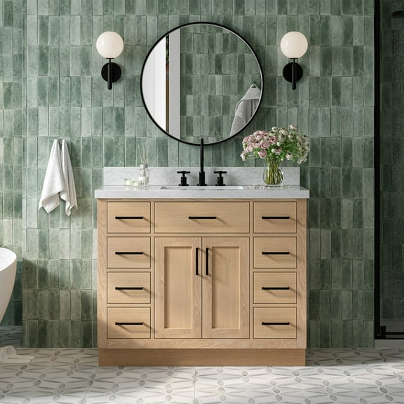 Ariel Hepburn 43 Inch Single Rectangular Sink Bathroom Vanity With Italian Carrara Marble Countertop 1.5 Inch Edge In Oak