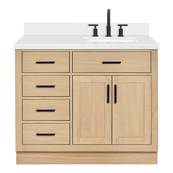 ARIEL Hepburn 43 Inch Single Rectangular Sink Bathroom Vanity With Pure White Quartz Countertop 1.5 Inch Edge In Oak