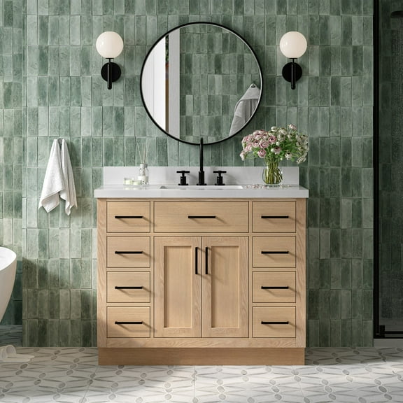 Ariel Hepburn 43 Inch Single Rectangular Sink Bathroom Vanity With Pure White Quartz Countertop 1.5 Inch Edge In Oak