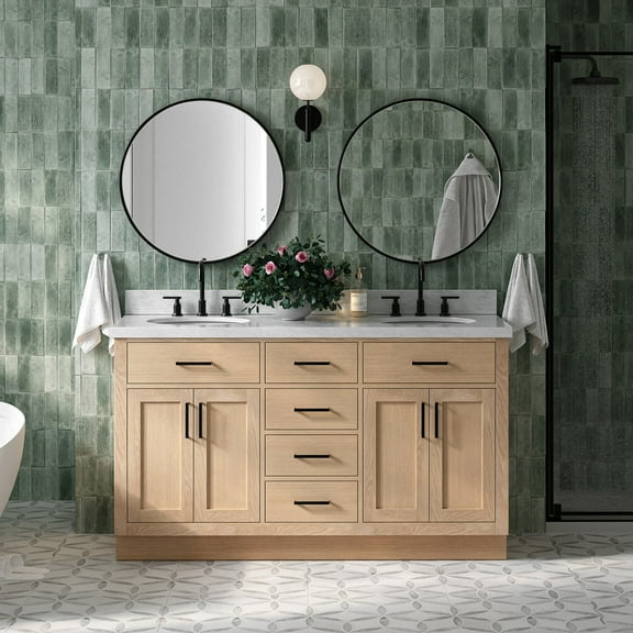 Ariel Hepburn 61 Inch Double Oval Sink Bathroom Vanity With Italian Carrara Marble Countertop 1.5 Inch Edge In Oak