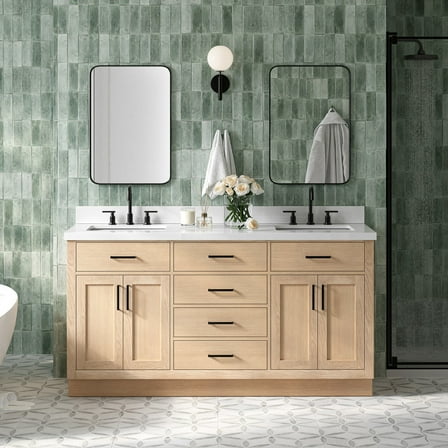 Ariel Hepburn 67 Inch Double Rectangular Sink Bathroom Vanity With Pure White Quartz Countertop 1.5 Inch Edge In Oak