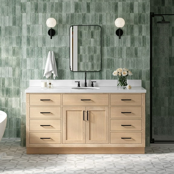 Ariel Hepburn 67 Inch Single Oval Sink Bathroom Vanity With Pure White Quartz Countertop 1.5 Inch Edge In Oak