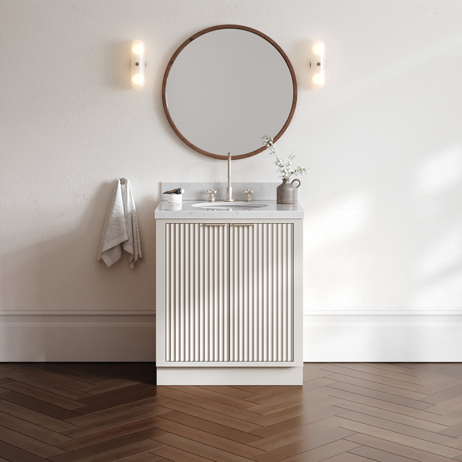 ARIEL Milan 30 Inch Single Oval Sink Bathroom Vanity with Carrara White Quartz Countertop 1.5 Inch in Warm White