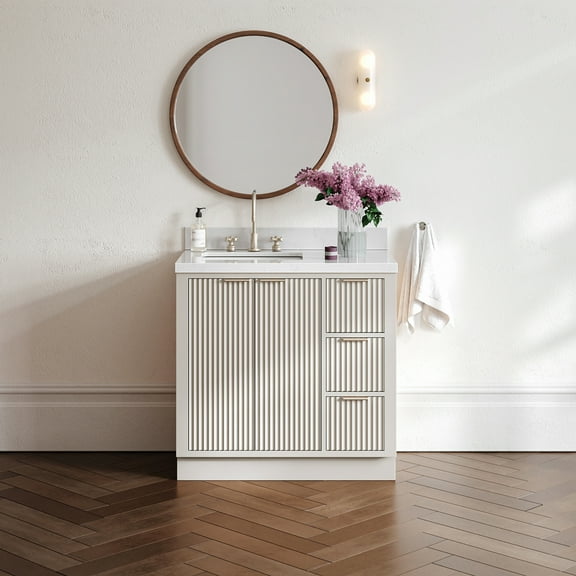 ARIEL Milan 36 Inch Left Offset Single Rectangle Sink Bathroom Vanity with Carrara White Quartz Countertop 1.5 Inch in Warm White