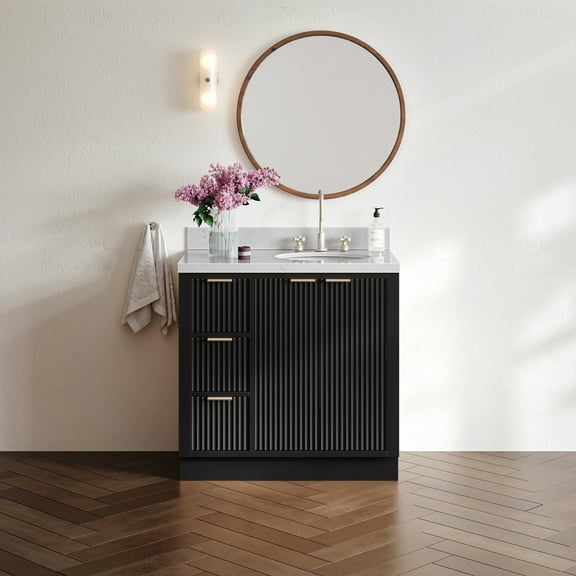 ARIEL Milan 36 Inch Right Offset Single Oval Sink Bathroom Vanity with Carrara White Quartz Countertop 1.5 Inch in Black