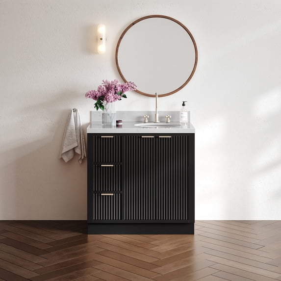 ARIEL Milan 36 Inch Right Offset Single Oval Sink Bathroom Vanity with Carrara White Quartz Countertop 1.5 Inch in Black