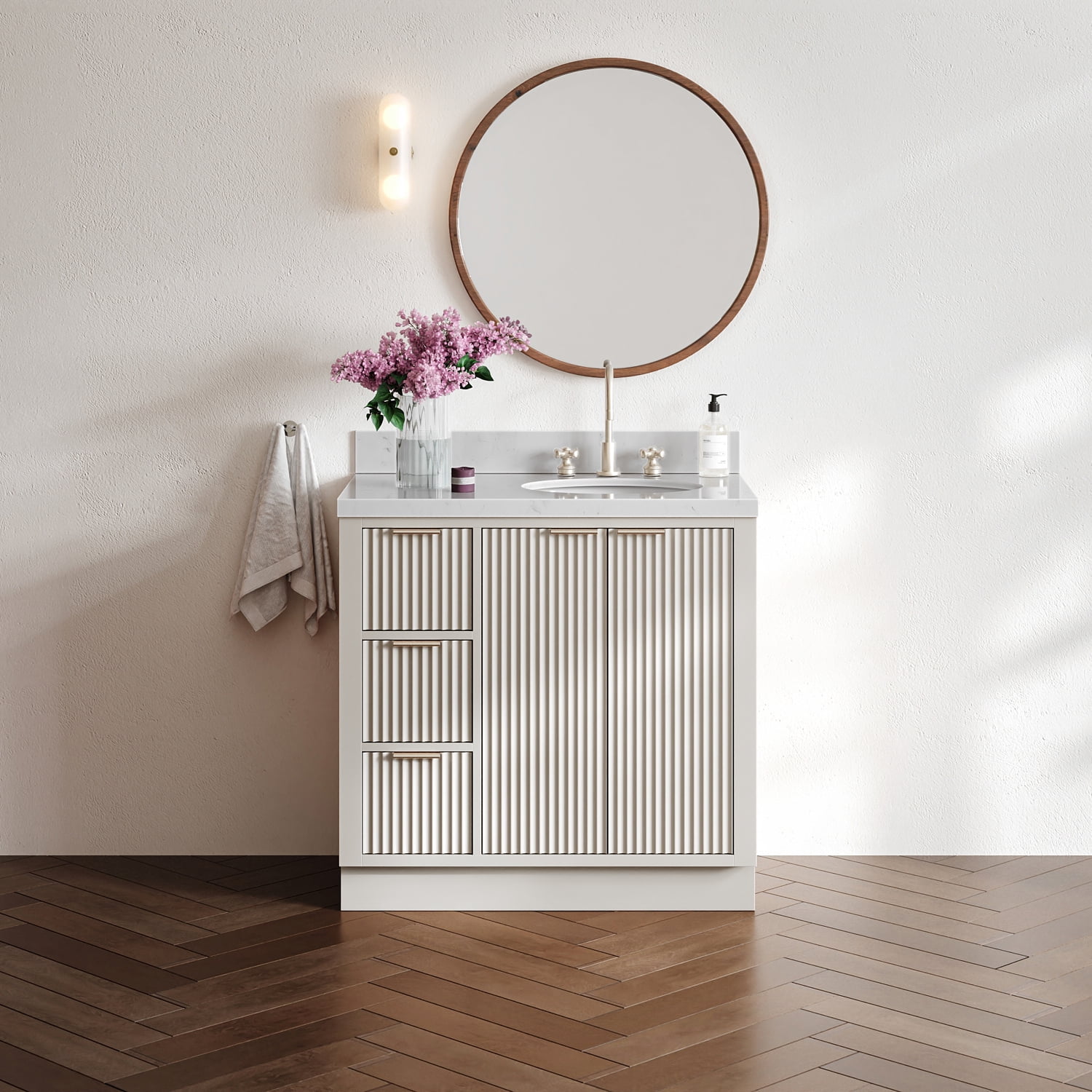 ARIEL Milan 36 Inch Right Offset Single Oval Sink Bathroom Vanity with Carrara White Quartz Countertop 1.5 Inch in Warm White