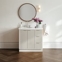 ARIEL Milan 37 Inch Left Offset Single Oval Sink Bathroom Vanity with Pure White Quartz Countertop 1.5 Inch in Warm White