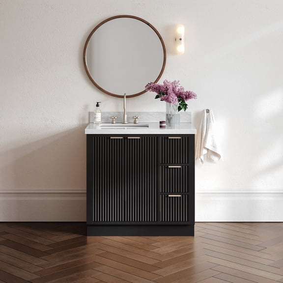 ARIEL Milan 37 Inch Left Offset Single Rectangle Sink Bathroom Vanity with Carrara White Marble Countertop 1.5 Inch in Black