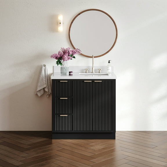 ARIEL Milan 37 Inch Right Offset Single Rectangle Sink Bathroom Vanity with Pure White Quartz Countertop 1.5 Inch in Black