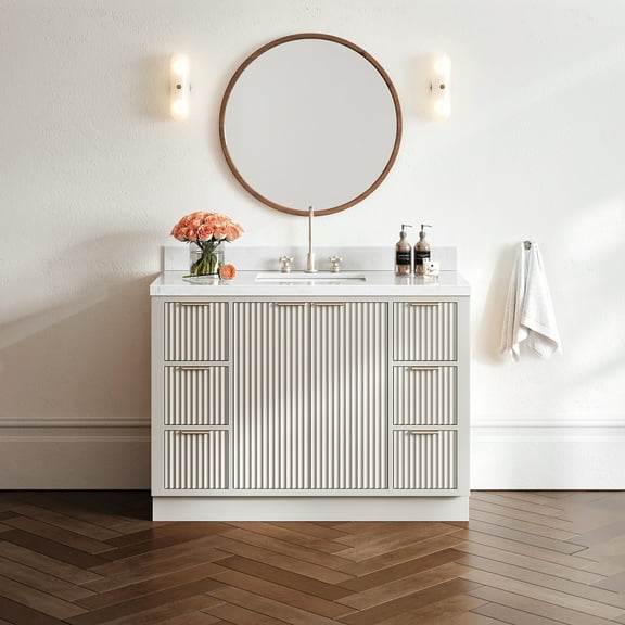 ARIEL Milan 48 Inch Single Rectangle Sink Bathroom Vanity with Carrara White Quartz Countertop 1.5 Inch in Warm White