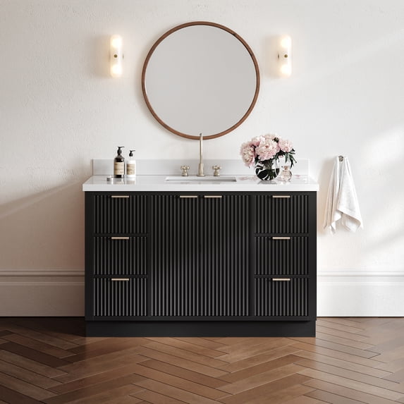 ARIEL Milan 55 Inch Single Rectangle Sink Bathroom Vanity with Pure White Quartz Countertop 1.5 Inch in Black