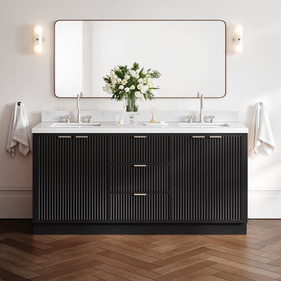 ARIEL Milan 72 Inch Double Rectangle Sink Bathroom Vanity with Carrara White Quartz Countertop 1.5 Inch in Black