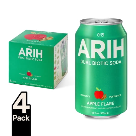 ARIH Dual Biotic Soda, Functional Prebiotic and Postbiotic Soda, Low Sugar, Apple Flare, 12 fl oz, 4 Pack