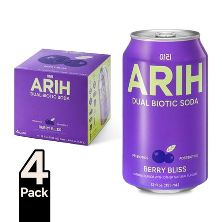 ARIH Dual Biotic Soda, Functional Prebiotic and Postbiotic Soda, Low Sugar, Berry Bliss, 12 fl oz, 4 Pack