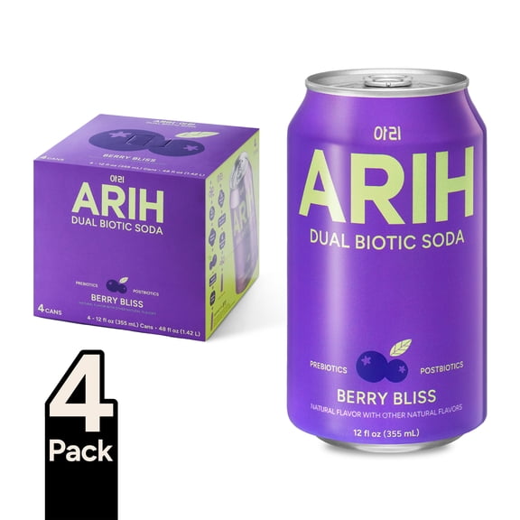 ARIH Dual Biotic Soda, Functional Prebiotic and Postbiotic Soda, Low Sugar, Berry Bliss, 12 fl oz, 4 Pack