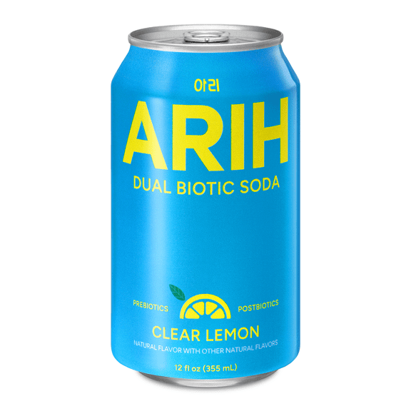 ARIH Dual Biotic Soda, Functional Prebiotic and Postbiotic Soda, Low Sugar, Clear Lemon, 12 fl oz