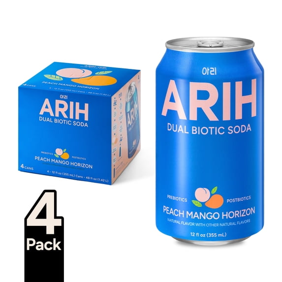 ARIH Dual Biotic Soda, Functional Prebiotic and Postbiotic Soda, Low Sugar, Peach Mango Horizon, 12 fl oz, 4 Pack