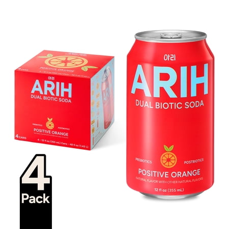ARIH Dual Biotic Soda, Functional Prebiotic and Postbiotic Soda, Low Sugar, Positive Orange, 12 fl oz, 4 Pack