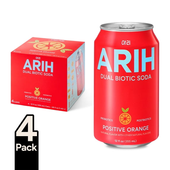 ARIH Dual Biotic Soda, Functional Prebiotic and Postbiotic Soda, Low Sugar, Positive Orange, 12 fl oz, 4 Pack