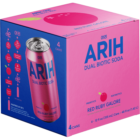 ARIH Dual Biotic Soda, Functional Prebiotic and Postbiotic Soda, Low Sugar, Red Ruby Galore, 12 fl oz, 4 Pack