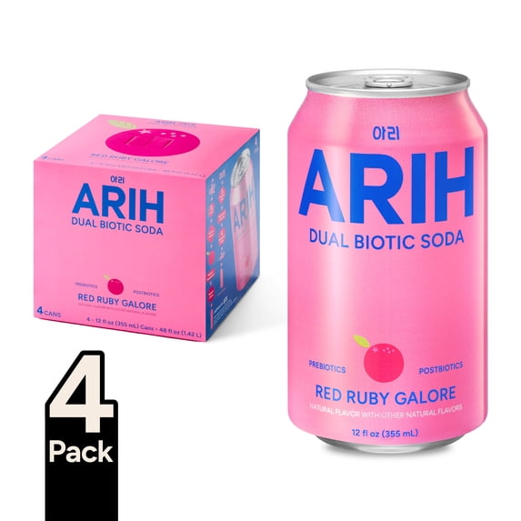 ARIH Dual Biotic Soda, Functional Prebiotic and Postbiotic Soda, Low Sugar, Red Ruby Galore, 12 fl oz, 4 Pack