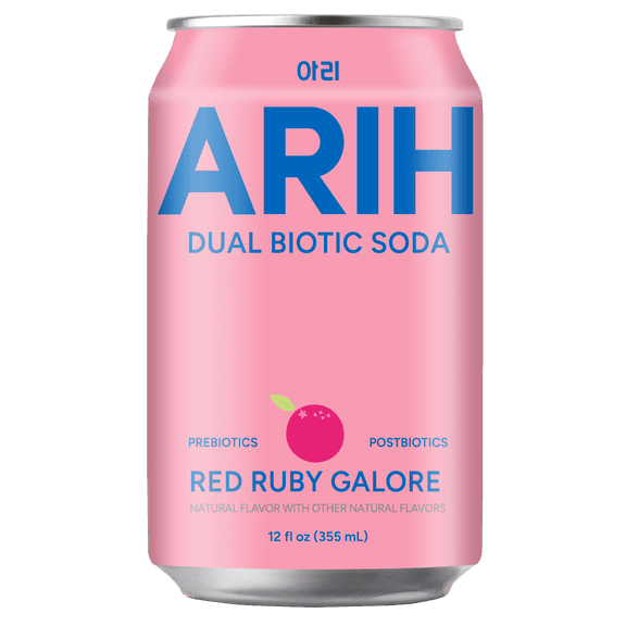 ARIH Dual Biotic Soda, Functional Prebiotic and Postbiotic Soda, Low Sugar, Red Ruby Galore, 12 fl oz