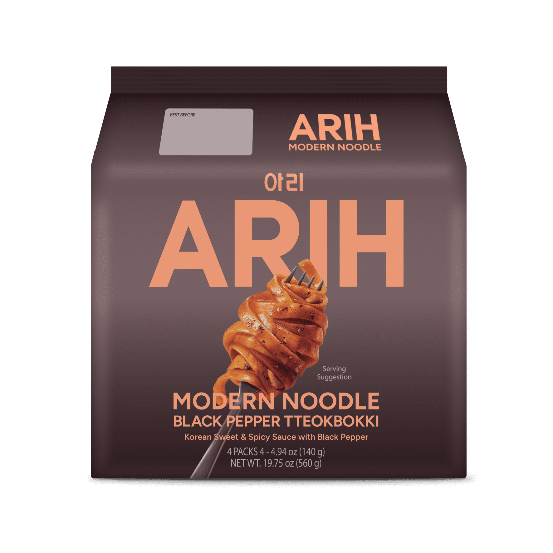 ARIH Modern Noodles, Western-Korean Fusion Soup-Less Noodles, Black Pepper Tteokbokki, 4 Pack