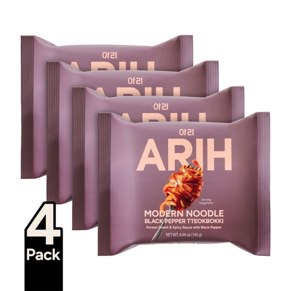 ARIH Modern Noodles, Western-Korean Fusion Soup-Less Noodles, Black Pepper Tteokbokki, 4 Pack
