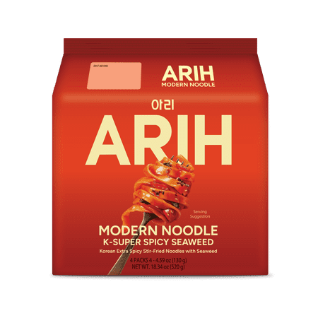 ARIH Modern Noodles, Western-Korean Fusion Soup-Less Noodles, K-Super Spicy Seaweed, 4 Pack