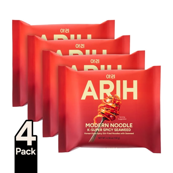 ARIH Modern Noodles, Western-Korean Fusion Soup-Less Noodles, K-Super Spicy Seaweed, 4 Pack